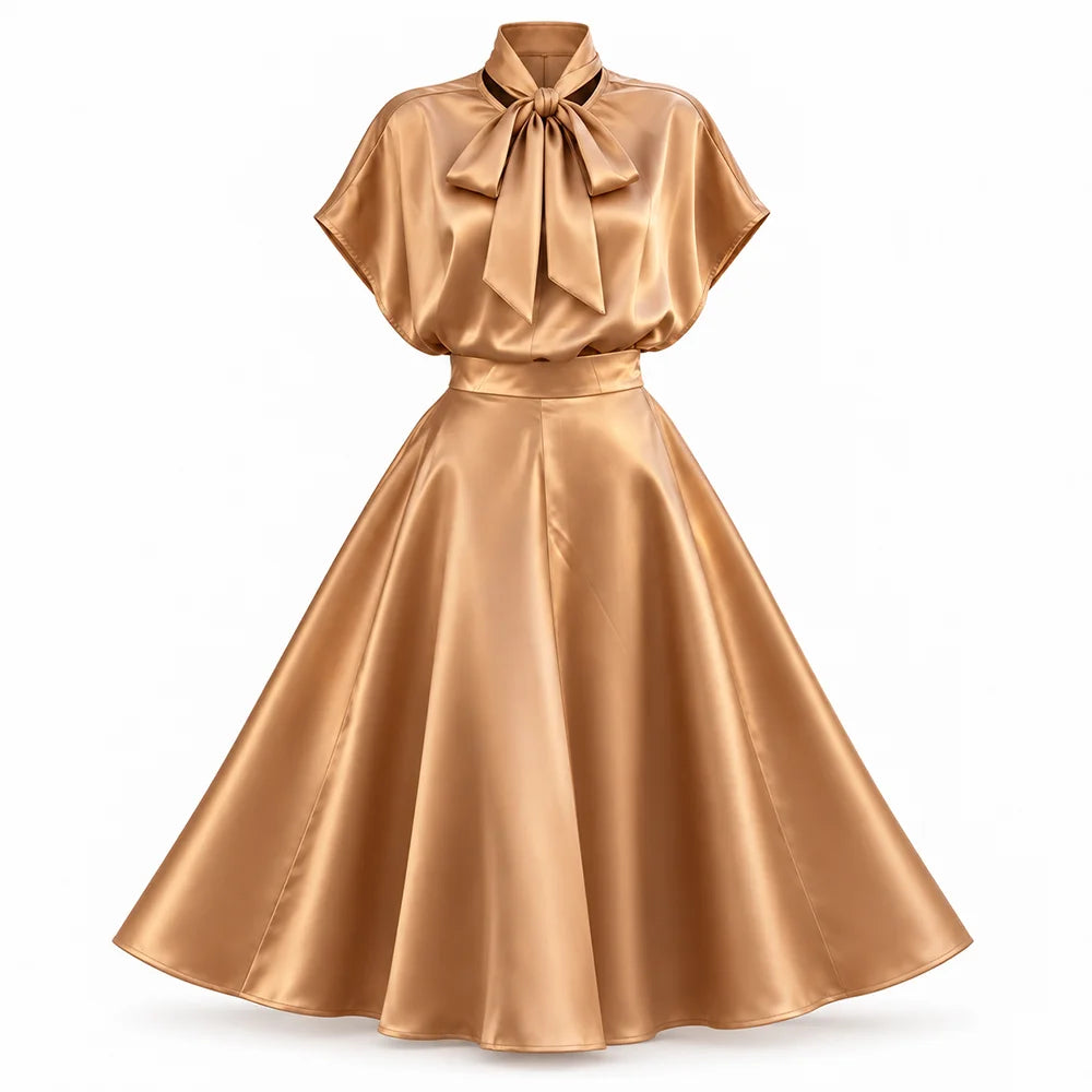 Satin Two Piece Sets for Women Bow Tie Mock Neck Blouse High Waist Flared A‑Line Maxi Skirt for Formal Banquet Party Wear