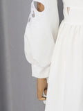 Fashion Style White Cutout Floral Accent Gown for Women Square Collar Puff Sleeve Asymmetric Train Skirt for Beach Elopement