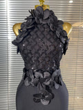 Black Red Women Shining Sequins Florals Sexy O-Neck Bodycon Bandage Long Dress Evening Party Christmas Birthday Outfit