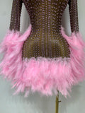 Women Luxury Birthday Dress Rhinestones Mesh Feathers Bodycon Mini Celebrity Evening Club Party Dress Nightclub Stage Outfit