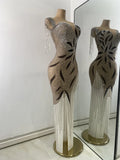 Sparkly Rhinestones Fringes Mesh See Through Maxi Dress Women Elegant Gowns Stage Night Club Celebrate Performance Costume