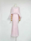 Formal Feather Cape Sleeve Maxi Dress for Women O Neck Spaghetti Strap Floor Length Long Evening Prom Cocktail Party Gown