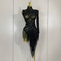 Sparkly Rhinestones Tassel Sexy See-Through Dress Women One Shoulder Latin Dance Outfits Bars Nightclub Party Stage Costume