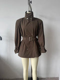 Casual Daily Wear Coffee Trench Coat for Women Stand Collar Buttons Design Belt Accent Oversized for Street Style
