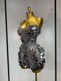 Sparkly Silver Rhinestone Sequins Strapless Mesh See Through Mini Dress Birthday EveningParty Nightclub Singer Stage Costume