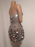 Women Strapless Silver Big Sequins Rhinestone Mini Dress Luxury Bodycon Short Gown Outfit BirthdayParty Cocktail Evening Dress