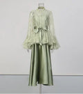 White Two Piece Set for Women Lapel Flare Sleeve Spliced Ruffles Lace Blouse High Waist Simpel Vest Dress Fairy Suit Female