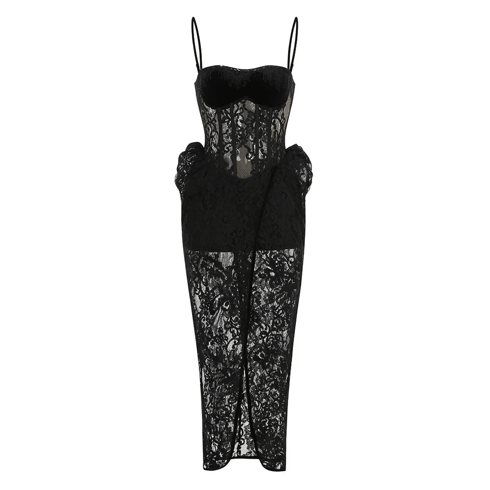 2026 Elegant Black Lace Spaghetti-Strap Maxi Dress Black Floral Lace Party Evening Gown Birthday Prom Vestidos