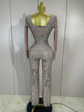 Sexy Perform Costume Sparkly Rhinestones Sequins Long Sleeves Print Jumpsuit Women Evening Party Birthday Nightclub Stage Wear