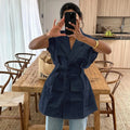 Summer Sleeveless Work Shirt Multi-Pocket Belted Loose Top For Women Lapel Collar Button Fashion Solid Color Cardigan Top