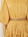 Elegant Chiffon Layered Ruffles Design Dress for Women Short Sleeves Waist Belt Spliced Diamonds Accent for Afternoon Tea