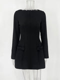 Bows Splice Long Sleeve Mini Dress Elegant Office Woman Solid Bodycon Club Party Dresses 2024 Autumn High Waist Fashion
