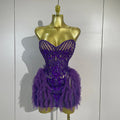 Sexy Purple Mesh See Through Purple Long Sleeves Mini Dress Luxury  Diamonds Birthday Evening Party Bar Nightclub Stage Costume
