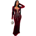 2026 High Quality New Design Dress Solid Rhinestones O-neck Long Sleeve Sexy Celebrity Party Maxi Dress Velvet Vestidos