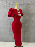 High Quality Red Bodycon Dress with Crystal Bow Cutout and Puff Sleeves Versatile for Celebrations and Gatherings
