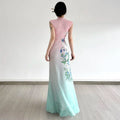 Printed Pink Green Elegant Cheongsam Dress Retro slim-fit Mesh Sleeveless Long Dress For Women Dance Qipao