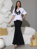 Elegant Rhinestone Appliques Half Sleeve Top&High Waist Mermaid Long Skirt Two Piece Set Women Formal Bandage Dress Set