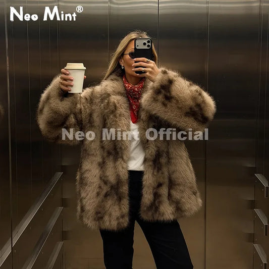 Exclusive 2026 Winter Leopard Print Faux Fur Coat Women Loud Luxury Lapel Collar Midi Long Eco Fox Fur Jacket Outerwear