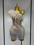 Women Sexy Sparkly Rhinestones One Shoulder Mesh See Through Mini Dress Celebrate Birthday Evening Party DJ Nightclub Stage Wear