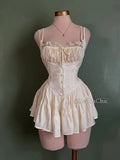 Medieval Retro Satin Mini Dress & Lace Shorts Coquette Floral Corset Camisole Rompers Date Party Summer Women Clothes