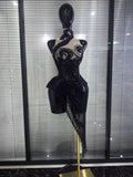 Shining Rhinestones Women Sexy Off the Shoulder Mesh See Through Bodycon Mid-calf Dress Nightclub Party Celebrate Stage Wear