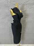 Sexy One-Shoulder Bodycon Midi Dress Women Sexy Ruffle Embellished Waist Cutout High Slit Outfit Evening Gala Party Costume