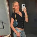 Women Summer Top Fashion Button-Front Patchwork V-Neck Pleated Fitted Top New Casual High-Street Party Female T-Shirts
