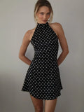Fashion Polka Dot Dress Vintage High Waist Sleeveless Backless Neck Lace-up Dress Sexy Party Luxury Women Dresses Y2k