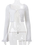 Fungus Trim 2Piece Sets Female Long Sleeve Straps Square Collar Tops+Tierred Short Skirts Elastic Waist Matching Suit