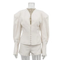 Charming Fashion Two Piece Set for Women V Neck Long Sleeve Tunic Blouse Slimming Shorts Autumn Commut Suit Female