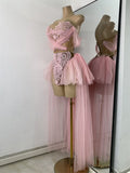 Sexy Top Skirt Mesh Designer Women's Outfit Two Pieces Backless Evening Party Birthday Dress Nightclub Stage Performance Costume