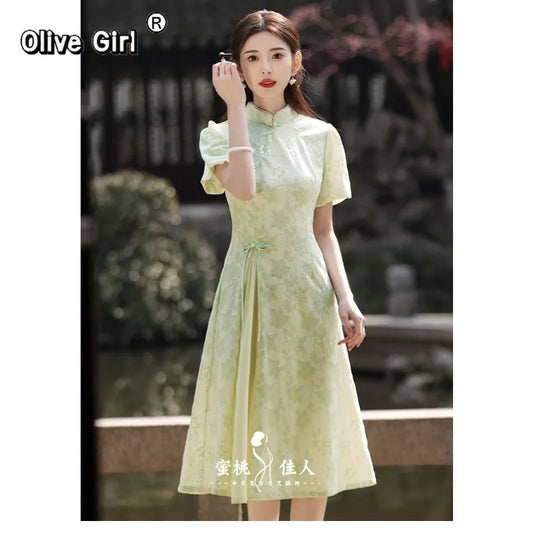 Olive Girl Green Dramatic Qipao for Ren Faire 2026 Garden Wedding Fairycore Photoshoot Everyday Wear S-XXL XS-3XL Plus Size Dramatic Silhouette Romantic Cottagecore Garden Party Editorial Not Costume Chinese Heritage Fashion Women