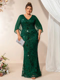 2026 Plus Size Luxury Green Evening Dresses Women Chiffon Sleeve Mermaid Formal Sequins Prom Wedding Party Cocktail Gowns
