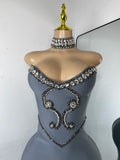 Luxury Rhinestone Women Elegant Strapless Beading with Necklace Bandage Celebrity Outfit Birthday Dress Evening Party Prom Gown