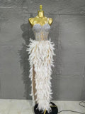 Sparkle Rhinestone Feather Sexy Mesh Long Dress Evening Party Birthday Performance Photoshoot Red Carpet Costume