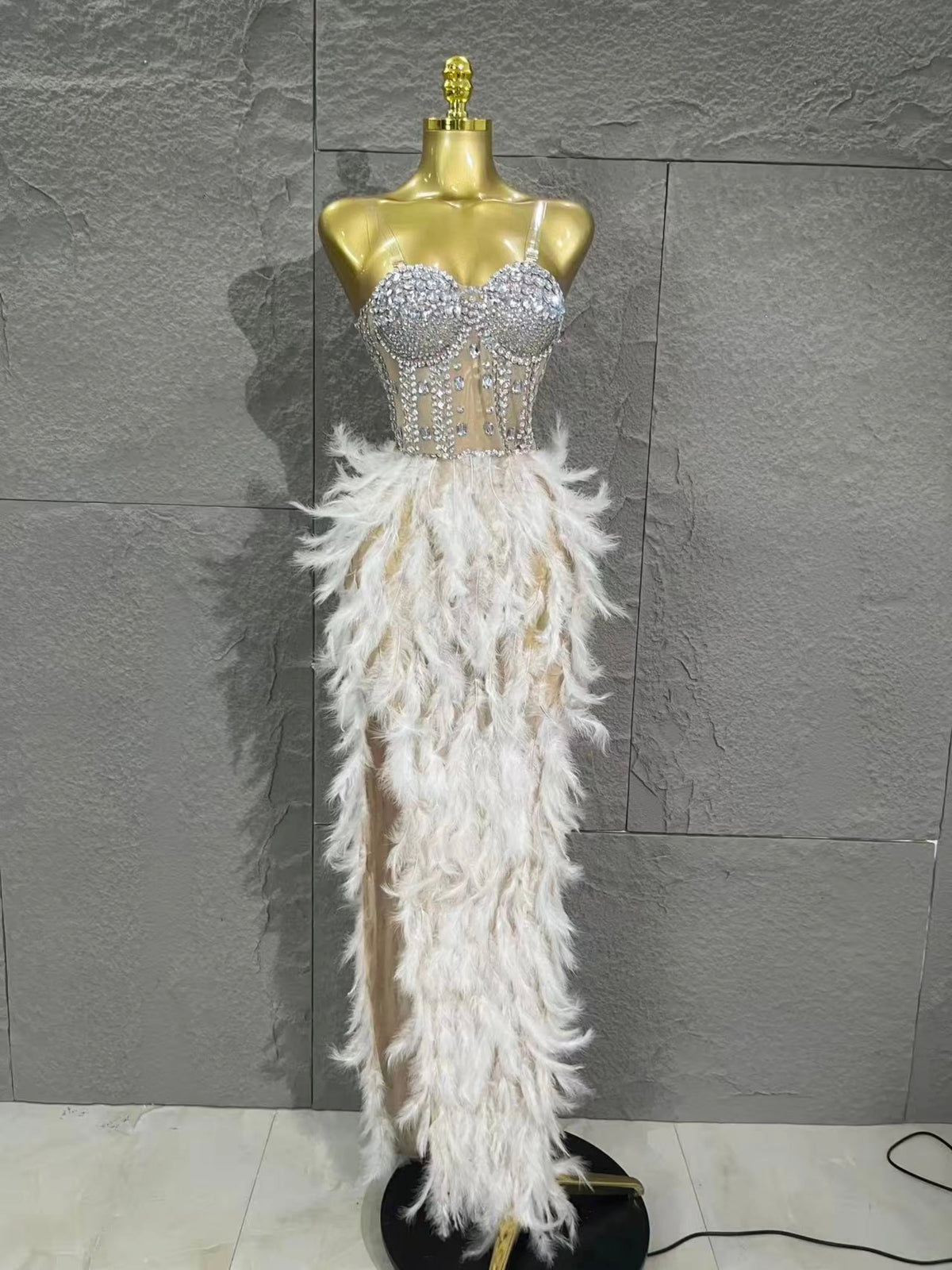 Sparkle Rhinestone Feather Sexy Mesh Long Dress Evening Party Birthday Performance Photoshoot Red Carpet Costume