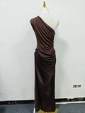 Solid Slimming Dresses for Women Slanted Collar Sleeveless High Waist Temperament Dress Female Fashion
