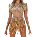 Golden Tassel Sequins Dance Costume - Glam Perspective Stage Outfit for Birthday Banquet & Performance Body Transparente Flecos