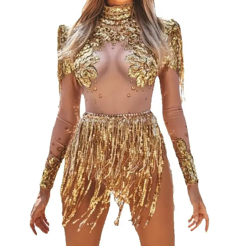 Golden Tassel Sequins Dance Costume - Glam Perspective Stage Outfit for Birthday Banquet & Performance Body Transparente Flecos