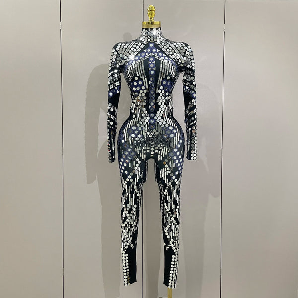 2026 Sexy Shiny Silver Sequins Mirror Black Spandex Jumpsuit Women Prom Dancer Singer Costume Evening Birthday Show Stage Outfit