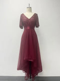 Women Elegant V-neck Ruffle Short Sleeve Evening Dress A-Line Fluffy Gauze Irregular Party Dress Formal High-Low Vestidos