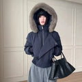 Fashion Faux Fur Trim Hooded Cotton Coat Women Asymmetric Zip Long Sleeve Puffer Jacket Female Winter Daily Warm Outfits 2026
