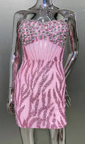 Women's Stylish Shawl Super Shiny Rhinestone Sequin Embroidered Pink Tube Top Dress Luxury Haute Couture Fashion Hot Party Gown