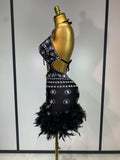 Women Sexy Halter Crystal Feathers Bodycon Mini Dress Nightclub Performance Stage Outfit Luxury Birthday Photo Shoot Dress