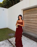 Brown Glitter Chiffon Tiered Maxi Dress Elegant One Shoulder Square Neck Flowy dresses 2026 Summer Formal Wedding  Party gowns