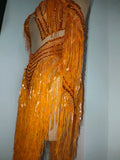 Women Latin Dance Outfits Bar Nightclub Party Club Stage Wear Sparkly Diamond Orange Tassel Long Sleeves Mesh Transparent Dress