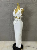 2026 Glamorous White 3D Floral Maxi Dress Women Sexy V-Neck Sheer Cutout Waist Bodycon Outfit Evening Gala Party Costume