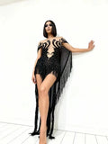 Sexy Black Rhinestones Sequins Tassel With Cape Mesh Transparent Dress Women Evening Birthday Party Nightclub Dance Stage Outfit
