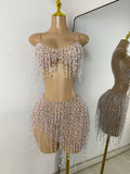 Women Glitter Crop Top Short Mesh Pearls Sets Nightclub Performance Outfit Two Pieces Party Birthday Clothing