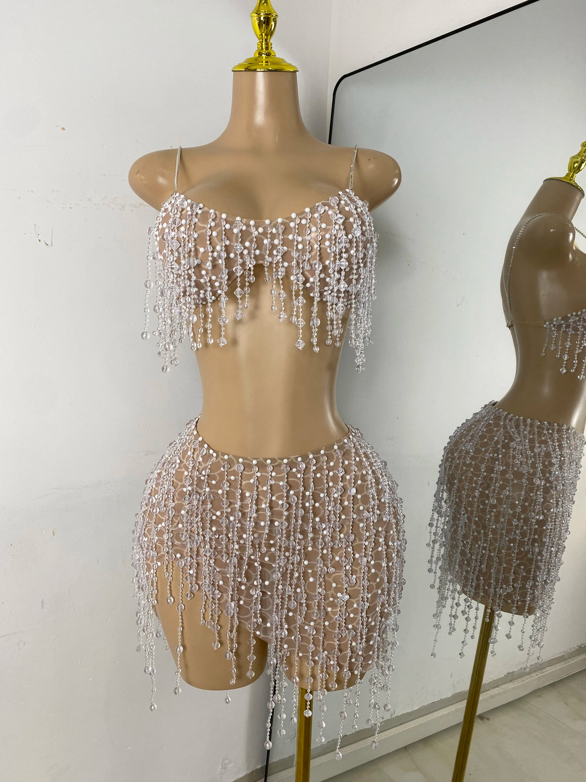 Women Glitter Crop Top Short Mesh Pearls Sets Nightclub Performance Outfit Two Pieces Party Birthday Clothing